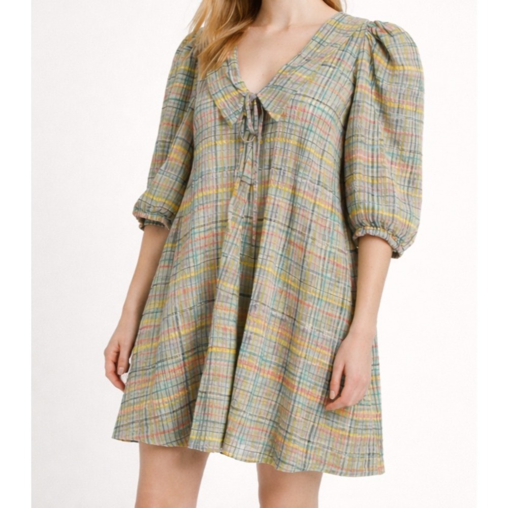 Damson Madder Plaid Puff Sleeve Baby Doll Mini Dress Soft Grunge Prep Crinkled 8